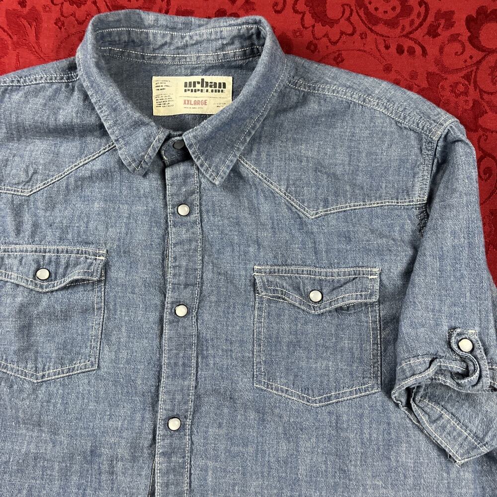 Urban Pipeline Mens‎ XXL Blue Denim Short Sleeve Western Pearl Snaps Cowboy